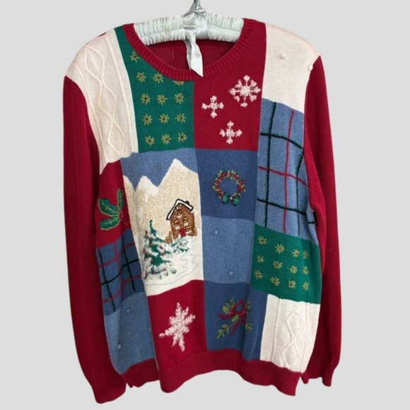 Alfred Dunner Holiday Christmas Knit Sweater, w/Winter House, Wreath, Snowflakes - Picture 3 of 10